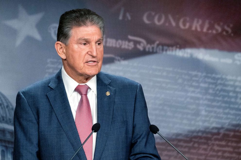 PHOTO: Sen. Joe Manchin speaks with reporters during a news conference on Capitol Hill, Nov. 1, 2021, in Washington, D.C.