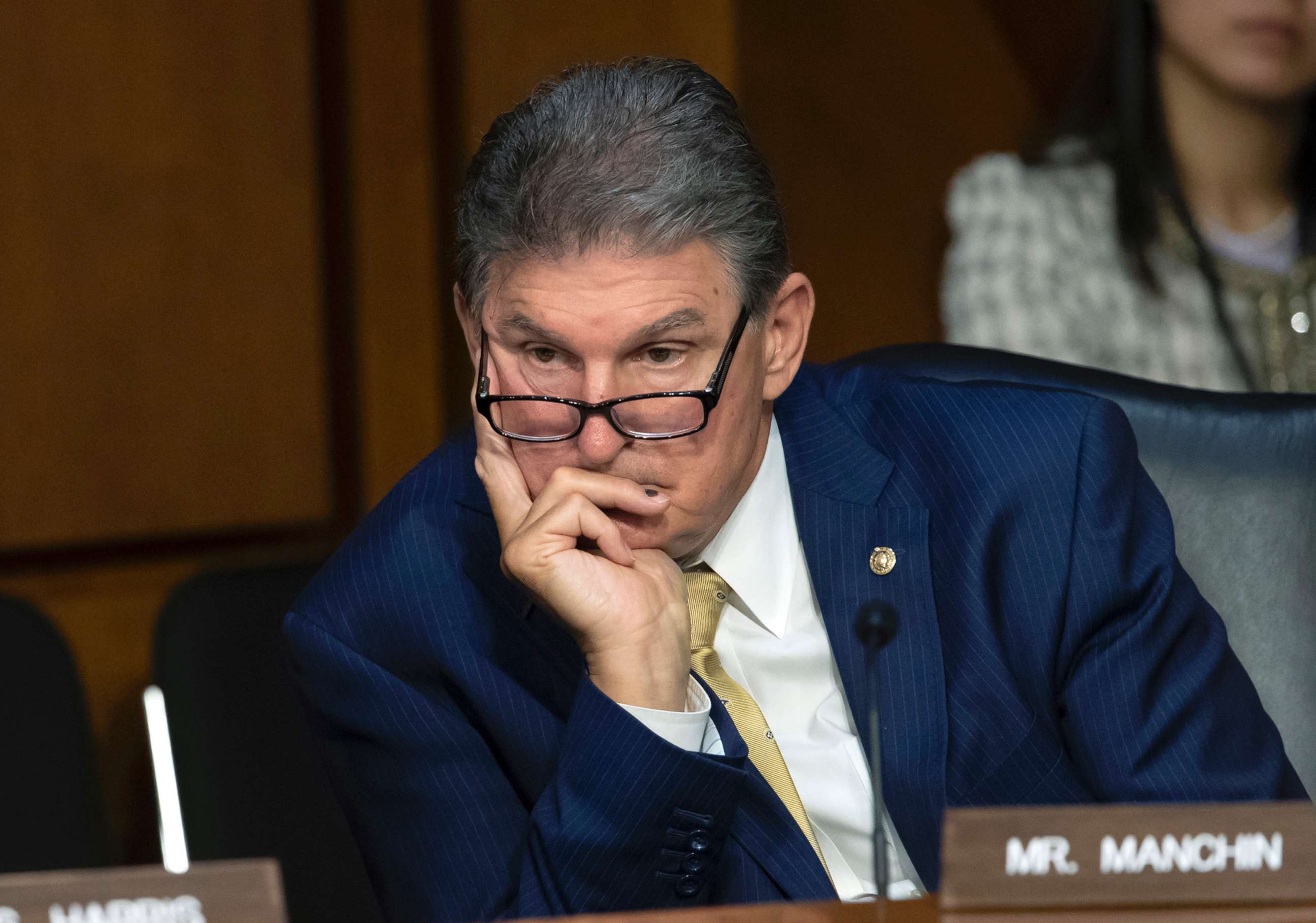 PHOTO: Sen. Joe Manchin listens during a Senate Intelligence Committee hearing on Capitol Hill in Washington, D.C., May 9, 2018.