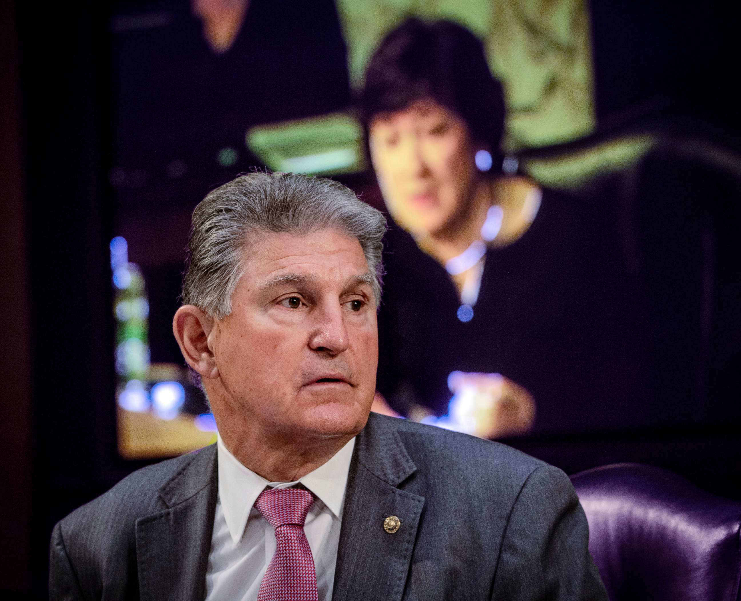PHOTO: Sen. Joe Manchin listens during the Senate Appropriations committee hearing to examine domestic violent extremism, on May 12, 2021, in Washington.