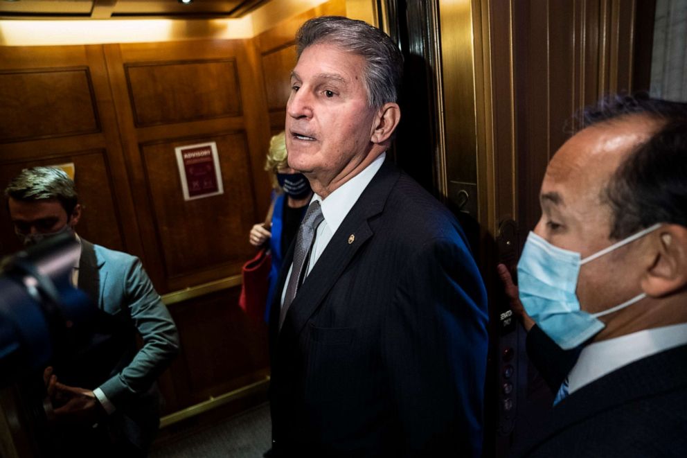 PHOTO: Sen. Joe Manchin departs after a vote on Capitol Hill on Wednesday, Nov. 03, 2021, in Washington, D.C.