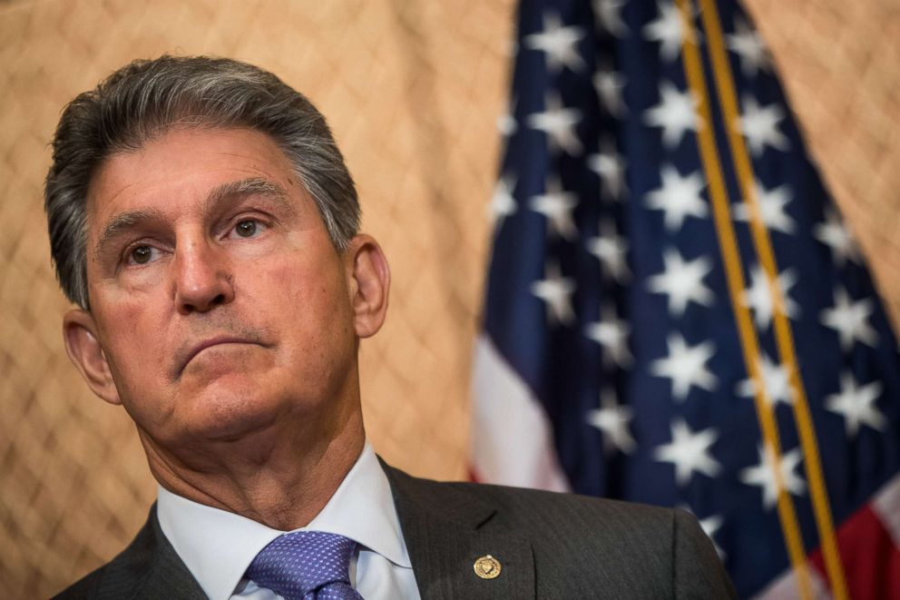 PHOTO: Sen. Joe Manchin looks on during a news conference to discuss the national opioid crisis, on Capitol Hill, June 27, 2017, in Washington, DC.