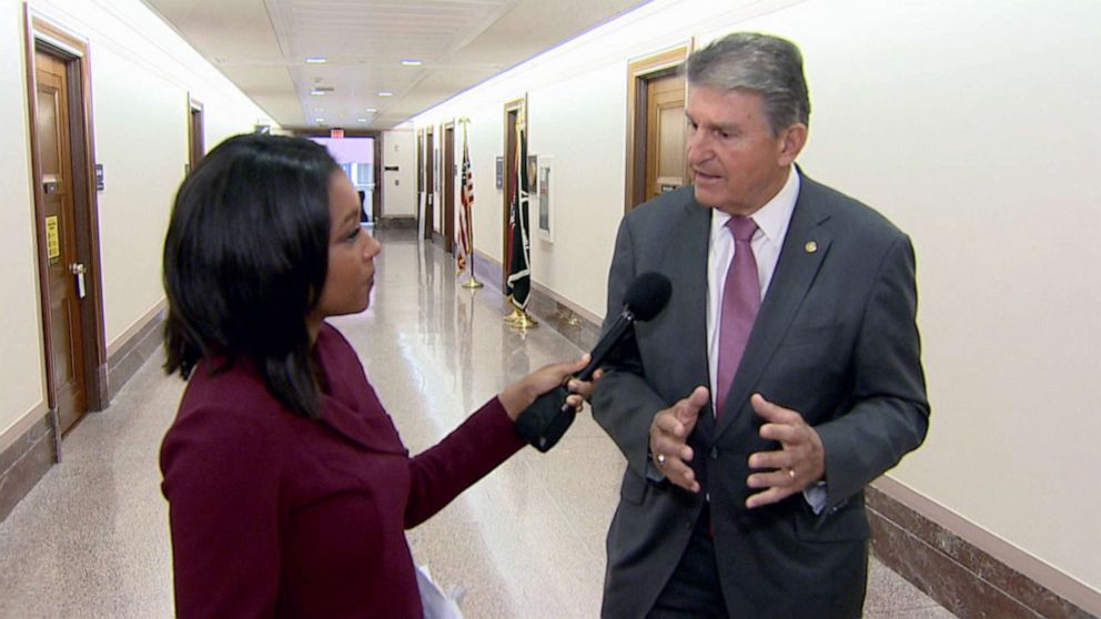 PHOTO: ABC News' Rachel Scott talks with Sen. Joe Manchin in Washington, May 12, 2021.