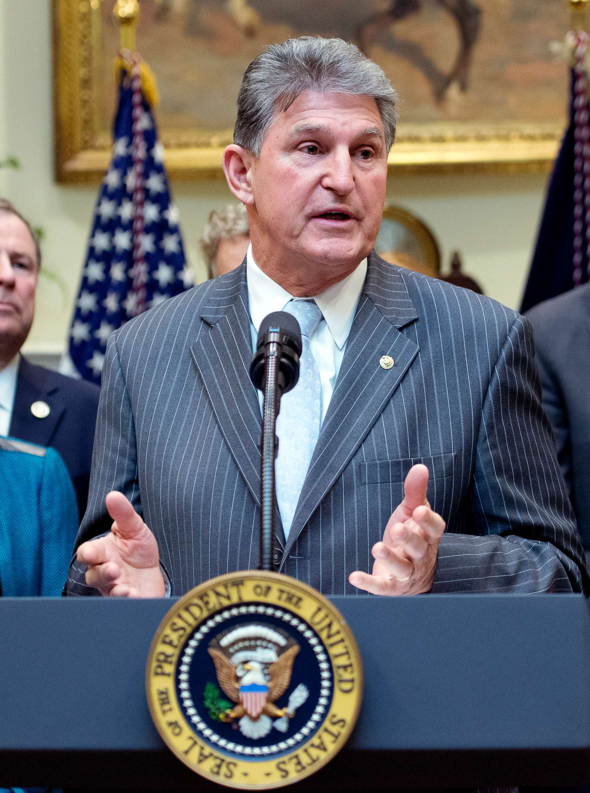PHOTO: Senator Joe Manchin (D-WV) makes remarks prior to President Donald J. Trump signing H.J. Res. 38, disapproving the rule submitted by the US Department of the Interior known as the Stream Protection Rule in the White House, Feb. 16, 2017.