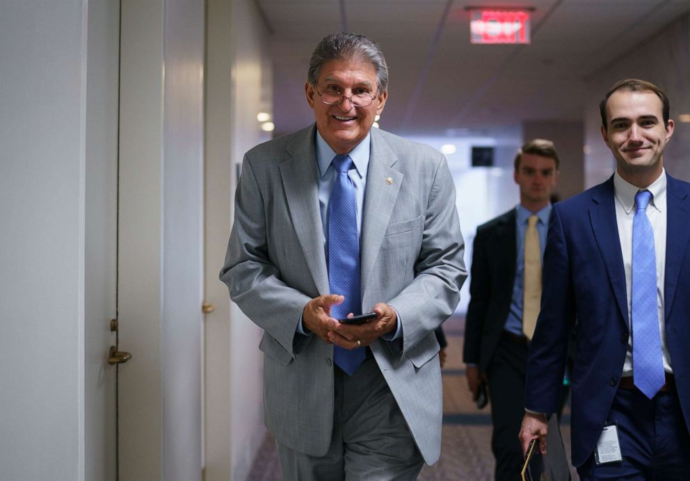 Sen. Joe Manchin, D-W.Va., arrives at his office on Capitol Hill in Washington on June 21, 2021.
