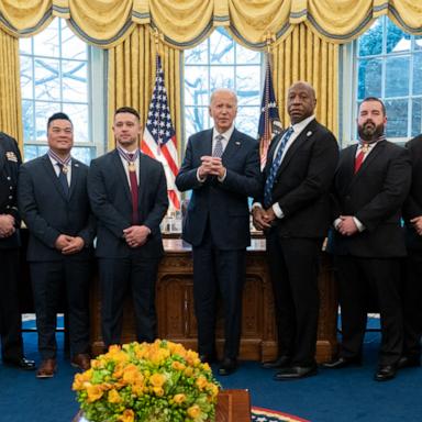 President Joe Biden awarded the Medal of Valor to eight first responders during a ceremony in the Oval Office on Friday.