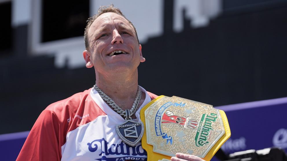 PHOTO: Joey Chestnut wins the 2026 Nathan's Famous Fourth of July hot dog eating contest at Coney Island in the Brooklyn borough of New York, on July 4, 2026.