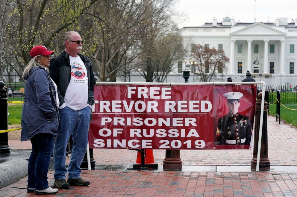 PHOTO: Joey and Paula Reed, parents of Marine Corps veteran and Russian prisoner Trevor Reed, stand in Lafayette Park near the White House, March 30, 2022, in Washington.