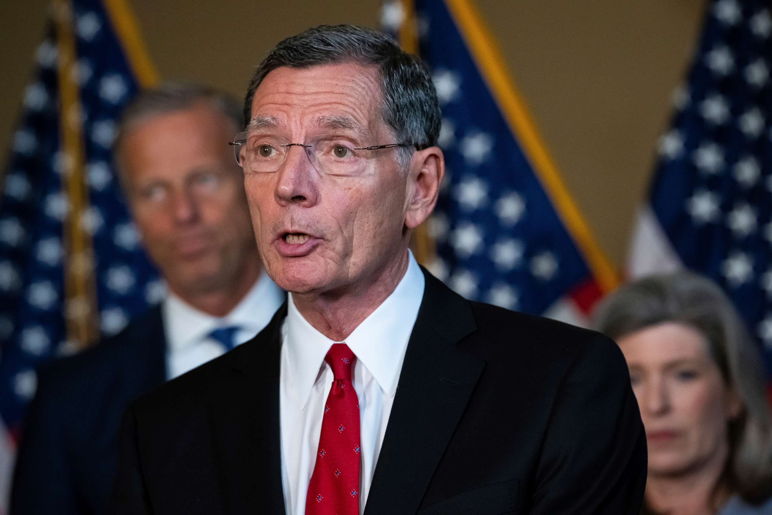PHOTO: Sen. John Barrasso speaks to media during the weekly Senate Republican Leadership press conference, at the U.S. Capitol in Washington, D.C., Sept. 13, 2022.