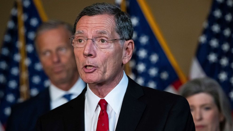 PHOTO: Sen. John Barrasso speaks to media during the weekly Senate Republican Leadership press conference, at the U.S. Capitol in Washington, D.C., Sept. 13, 2022.