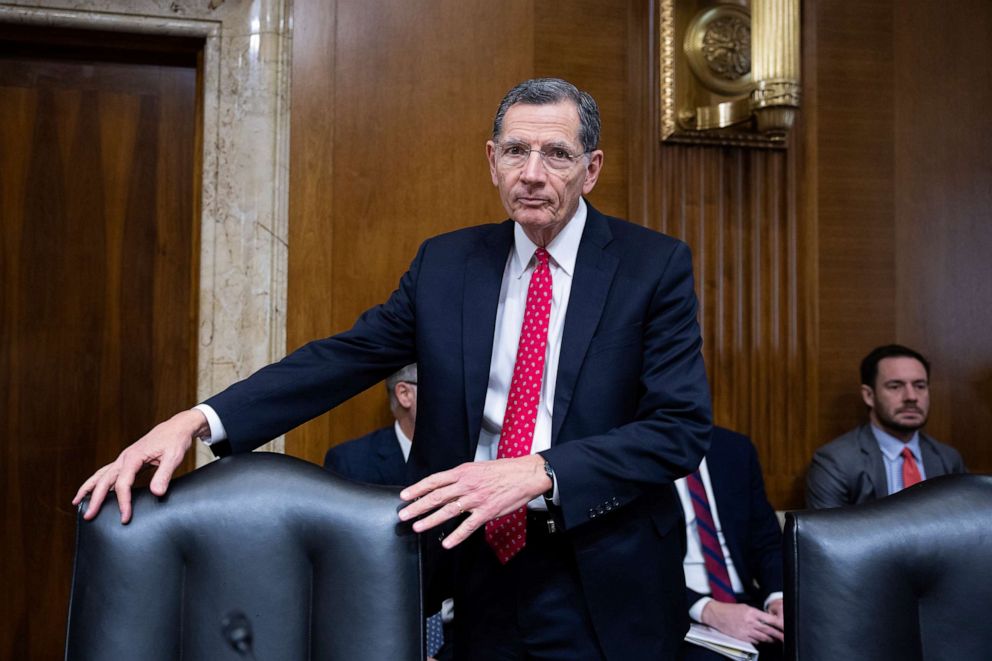 PHOTO: Senate Energy and Natural Resources Committee Ranking Member John Barrasso arrives for a hearing on the impact of Russia's war in Ukraine on European energy security one year after the invasion on Capitol Hill Feb. 16, 2023.