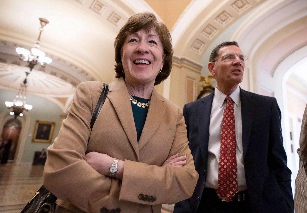 PHOTO: Sen. Susan Collins and Sen. John Barrasso are pictured together at the Capitol in Washington, March 14, 2019.