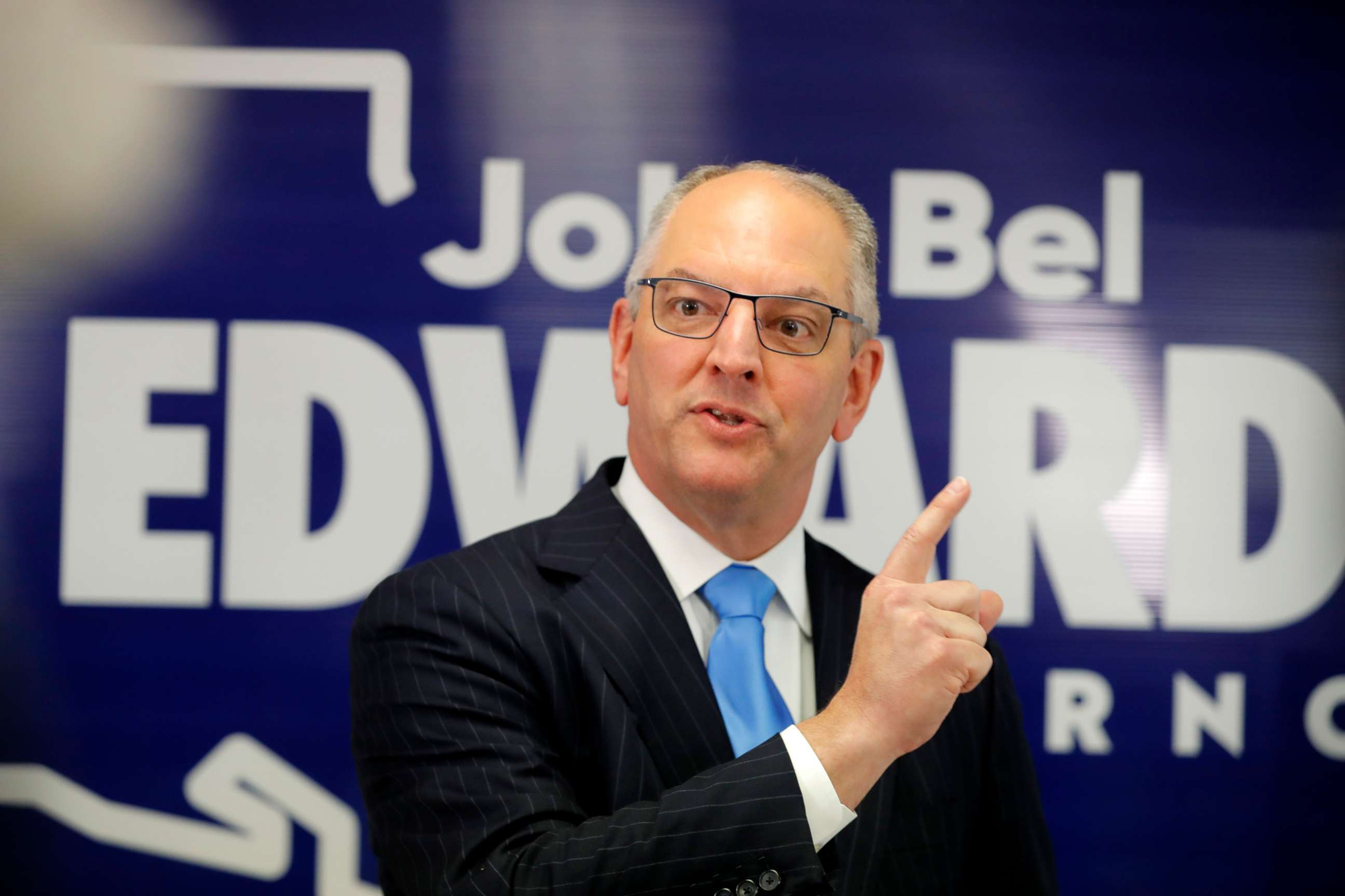 PHOTO: Louisiana Gov. John Bel Edwards talks to media at his campaign office in Shreveport, La., Thursday, Nov. 14, 2019.