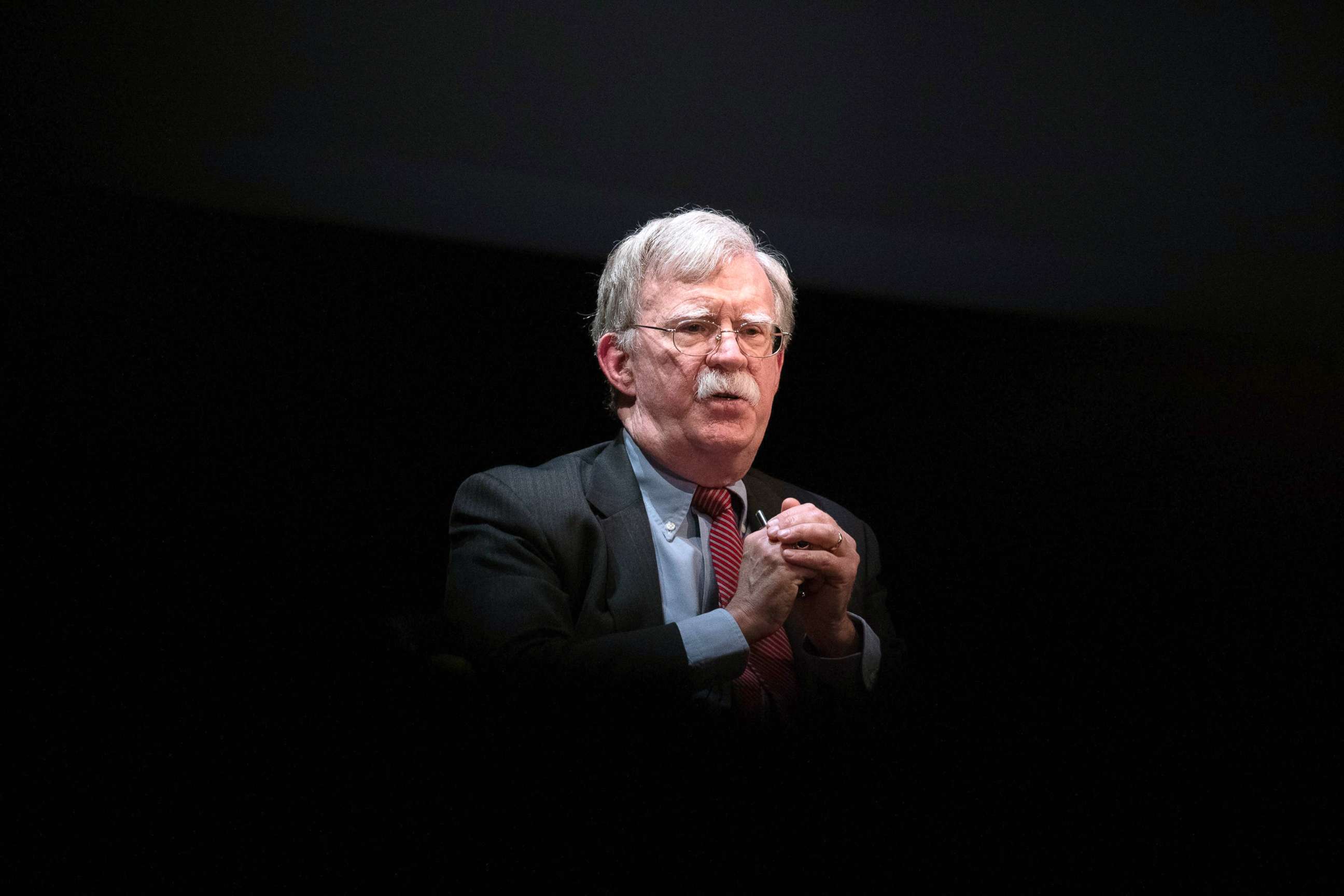 PHOTO: Former National Security adviser John Bolton speaks on stage during a public discussion at Duke University in Durham, N.C., Feb. 17, 2020.