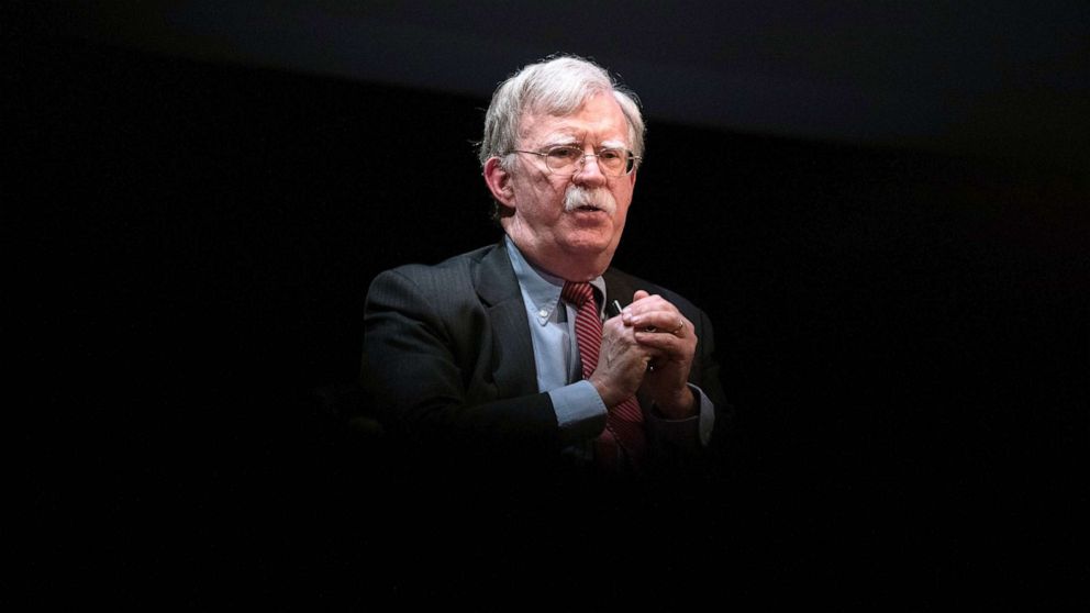 PHOTO: Former National Security adviser John Bolton speaks on stage during a public discussion at Duke University in Durham, N.C., Feb. 17, 2020.