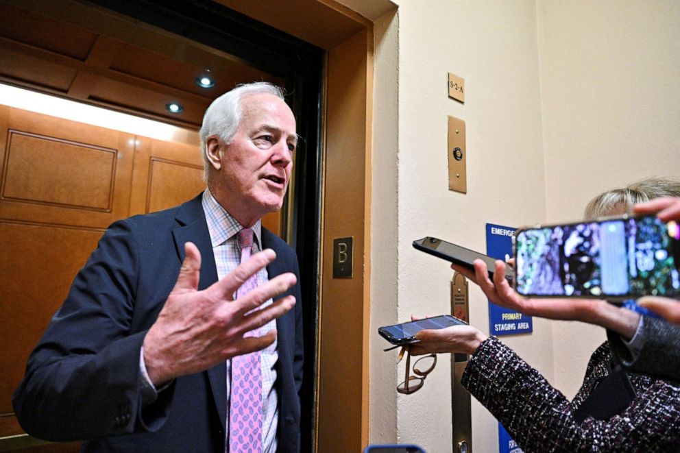 PHOTO: Senator John Cornyn speaks with reporters at the U.S. Capitol in Washington, DC, Feb. 17, 2022.