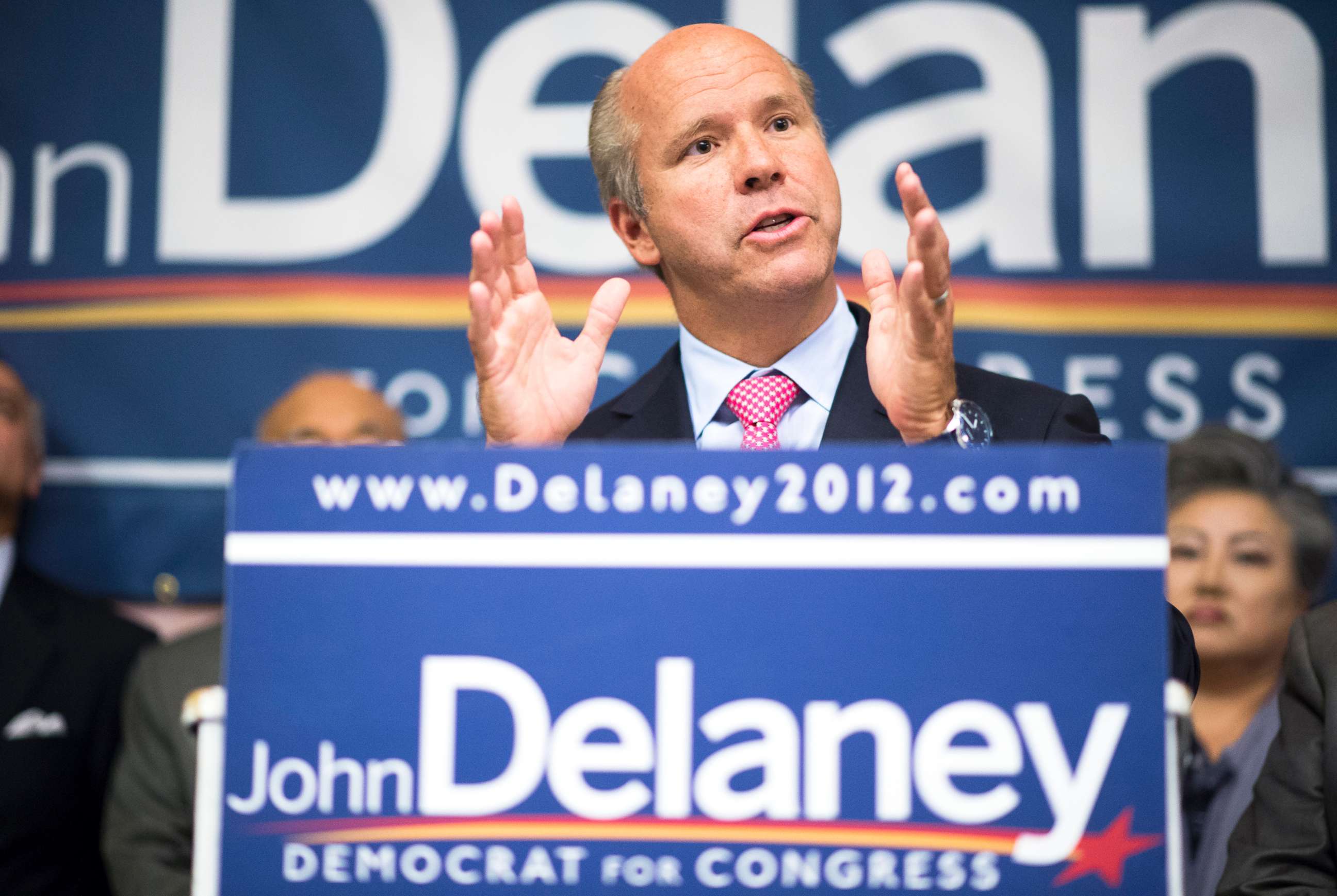 PHOTO: John Delaney flanked by leaders of the Asian-American and Middle Eastern community holds a news conference to announce his 7 point immigration plan in Gaithersburg, Md.,, Sept. 25, 2012.