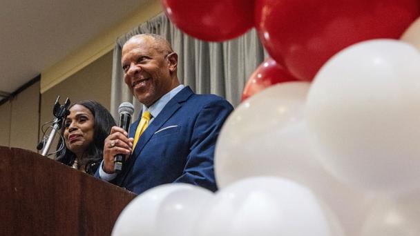 John Ewing, right, speaks after the first round of results at the election night watch party for John Ewing for Omaha mayor at the downtown Hilton in Omaha, Neb., May 13, 2025.
