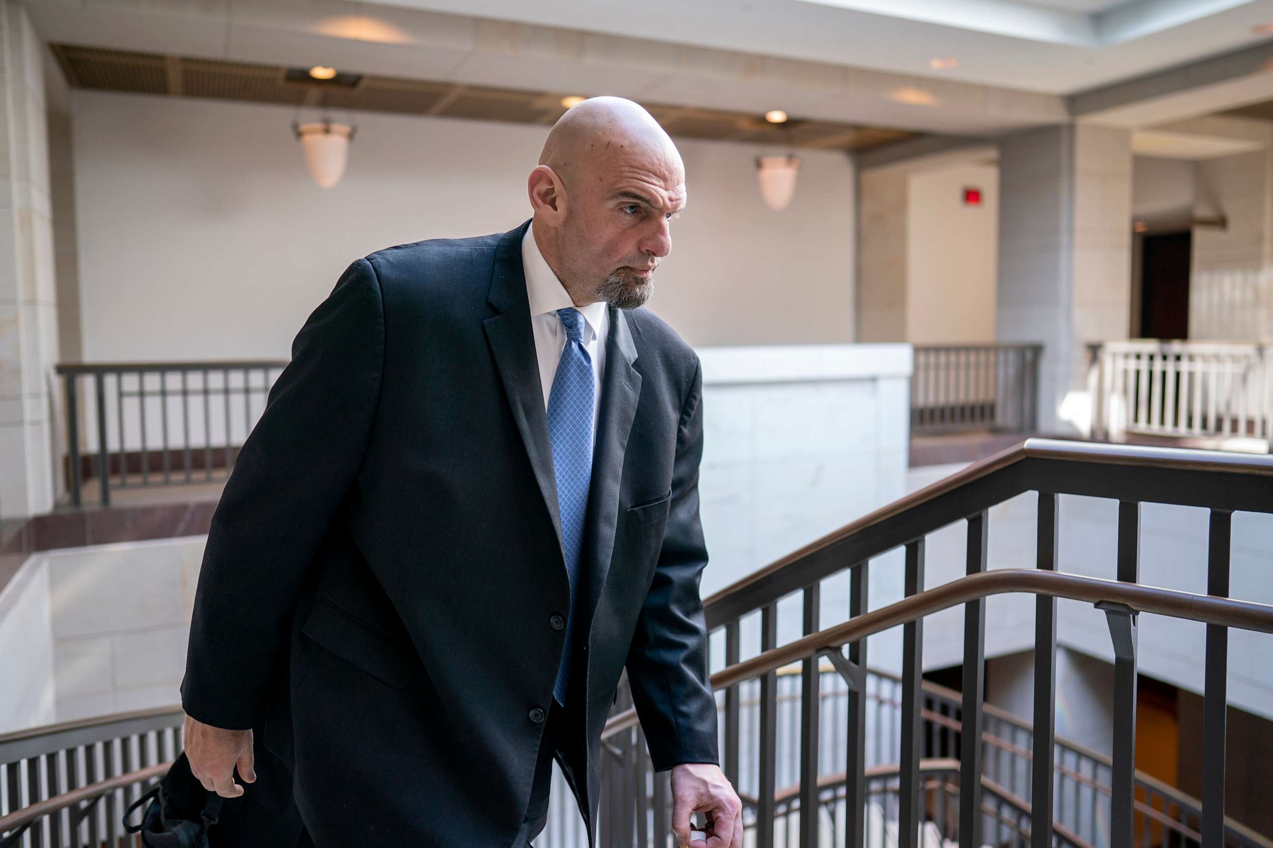PHOTO: Sen. John Fetterman leaves an intelligence briefing on the unknown aerial objects, at the Capitol in Washington, Feb. 14, 2023.