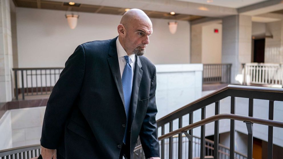 PHOTO: Sen. John Fetterman leaves an intelligence briefing on the unknown aerial objects, at the Capitol in Washington, Feb. 14, 2023.