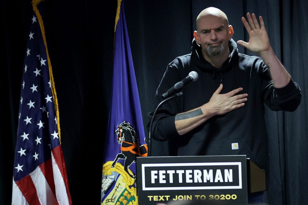 PHOTO: Lieutenant Governor of Pennsylvania and Democratic U.S. Senate candidate John Fetterman speaks to supporters during a campaign rally at Temple University on October 29, 2022 in Philadelphia, Pennsylvania.