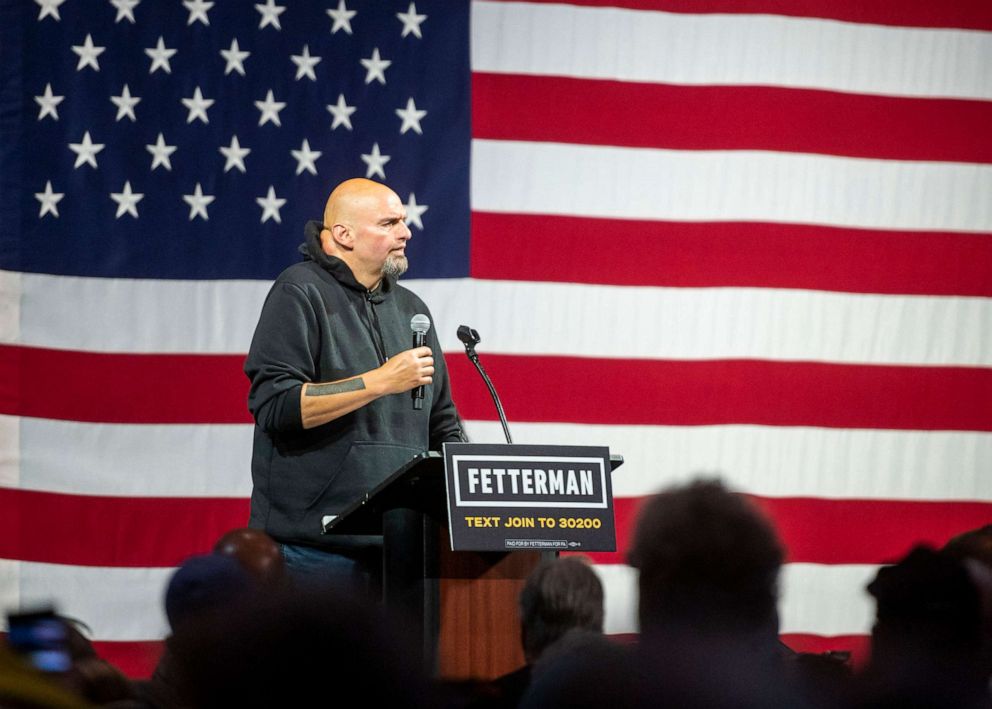 PHOTO: Democratic Senate candidate Lt. Gov. John Fetterman speaks during a rally at the Bayfront Convention Center on Aug. 12, 2022, in Erie, Penn.
