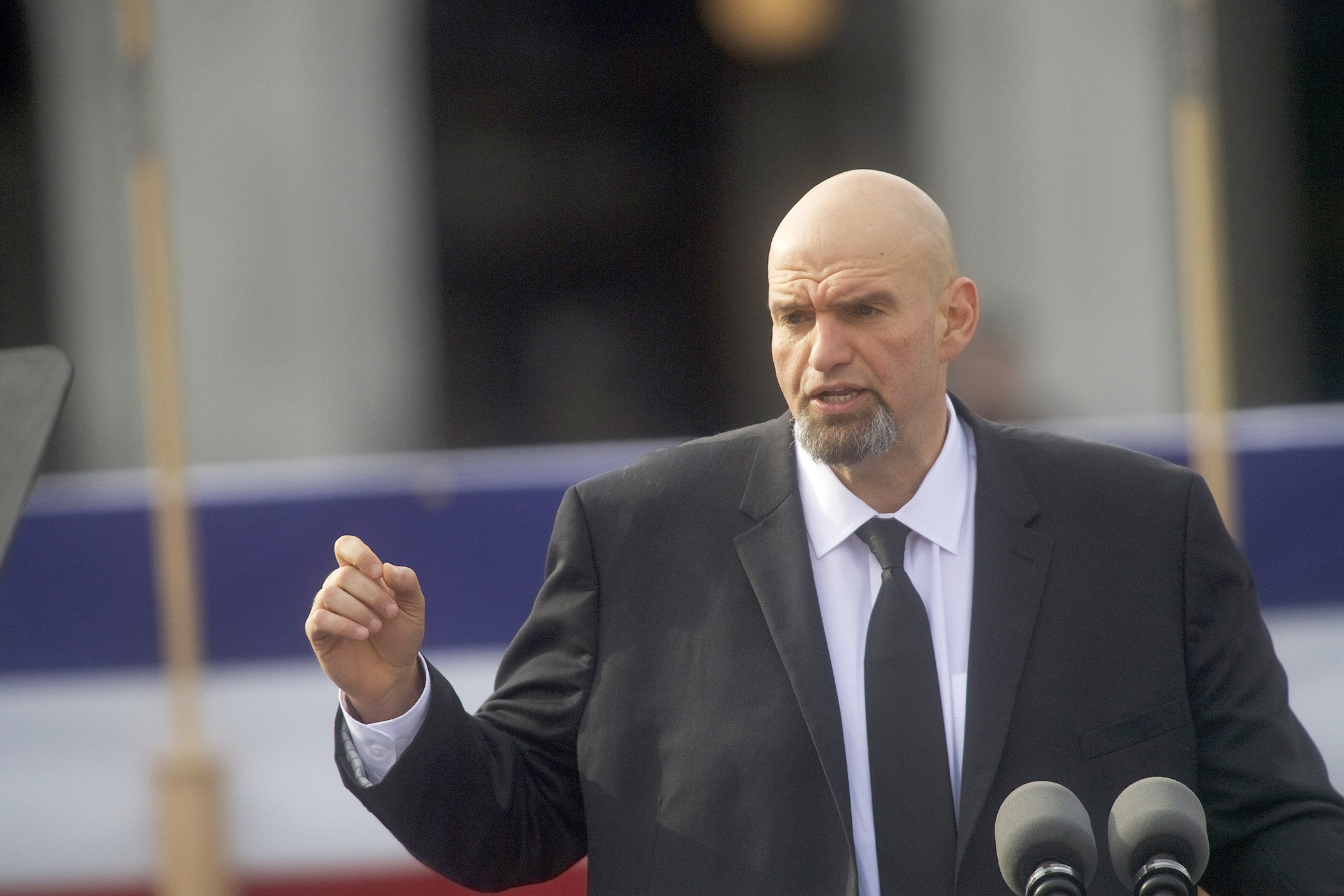 PHOTO: Lieutenant Governor John Fetterman delivers an introduction for Governor Tom Wolf during an inaugural ceremony in Harrisburg, Penn., on Jan. 15, 2019.