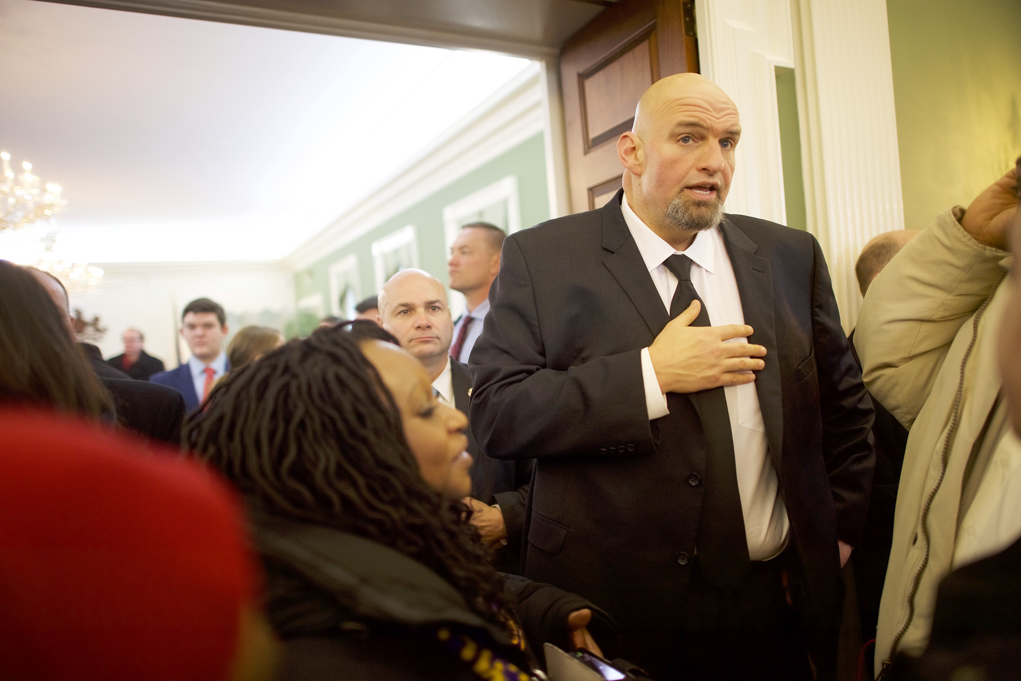 PHOTO: Lieutenant Governor John Fetterman speaks with supporters during an open house event at the residence of Governor Tom Wolf in Harrisburg, Penn., Jan. 15, 2019.