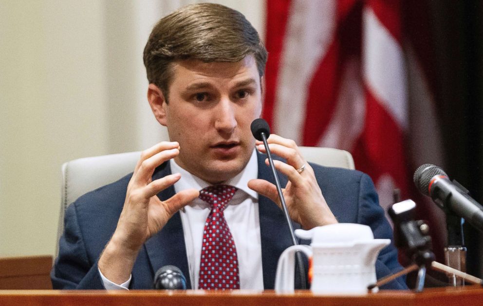 PHOTO: John Harris, the son of Mark Harris, testifies during the third day of a public evidentiary hearing on the 9th Congressional District voting irregularities investigation, Feb. 20, 2019, at the North Carolina State Bar in Raleigh.