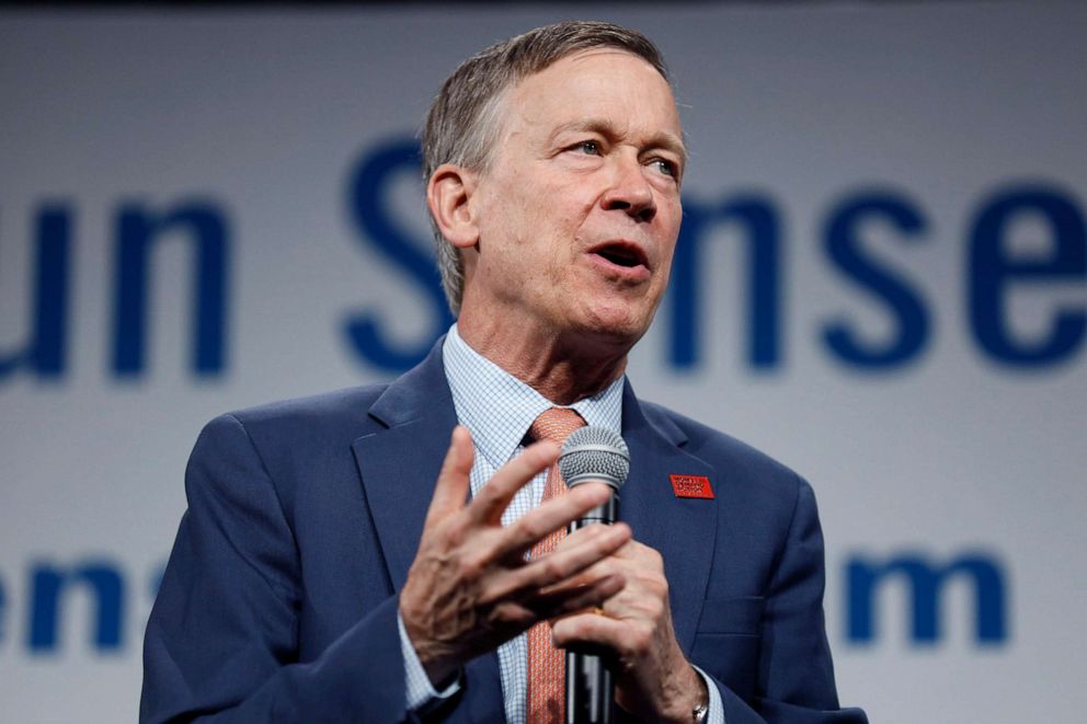 PHOTO: In this Aug. 10, 2019, file photo, then Democratic presidential candidate former Colorado Gov. John Hickenlooper speaks in Des Moines, Iowa.