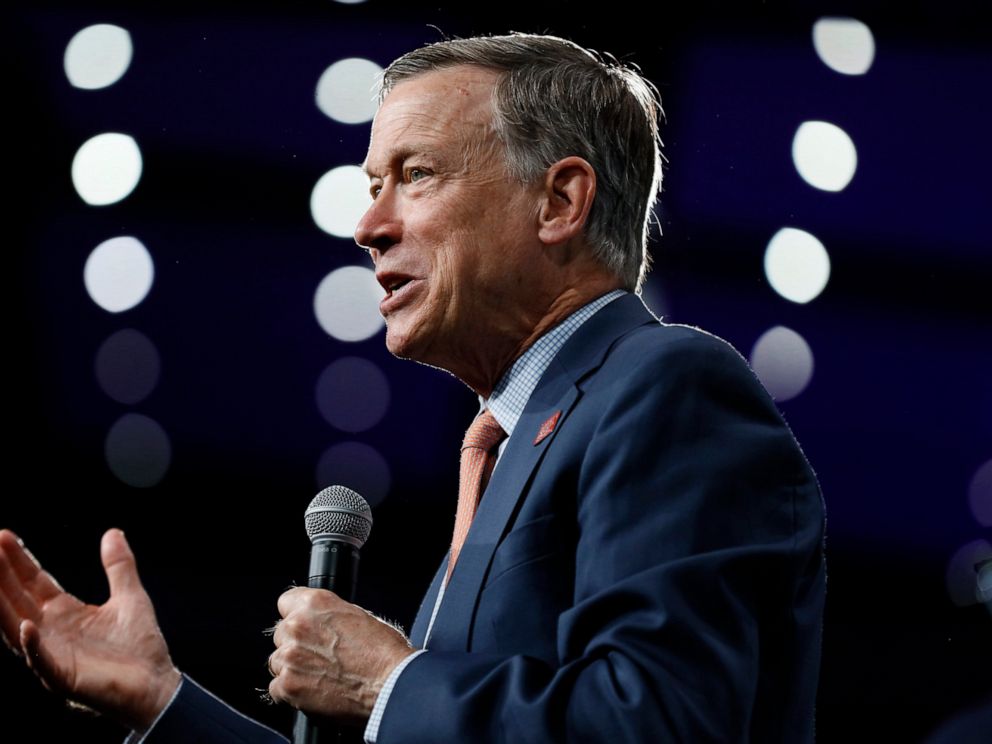PHOTO: Democratic presidential candidate former Colorado Gov. John Hickenlooper speaks at the Presidential Gun Sense Forum, Saturday, Aug. 10, 2019, in Des Moines, Iowa.
