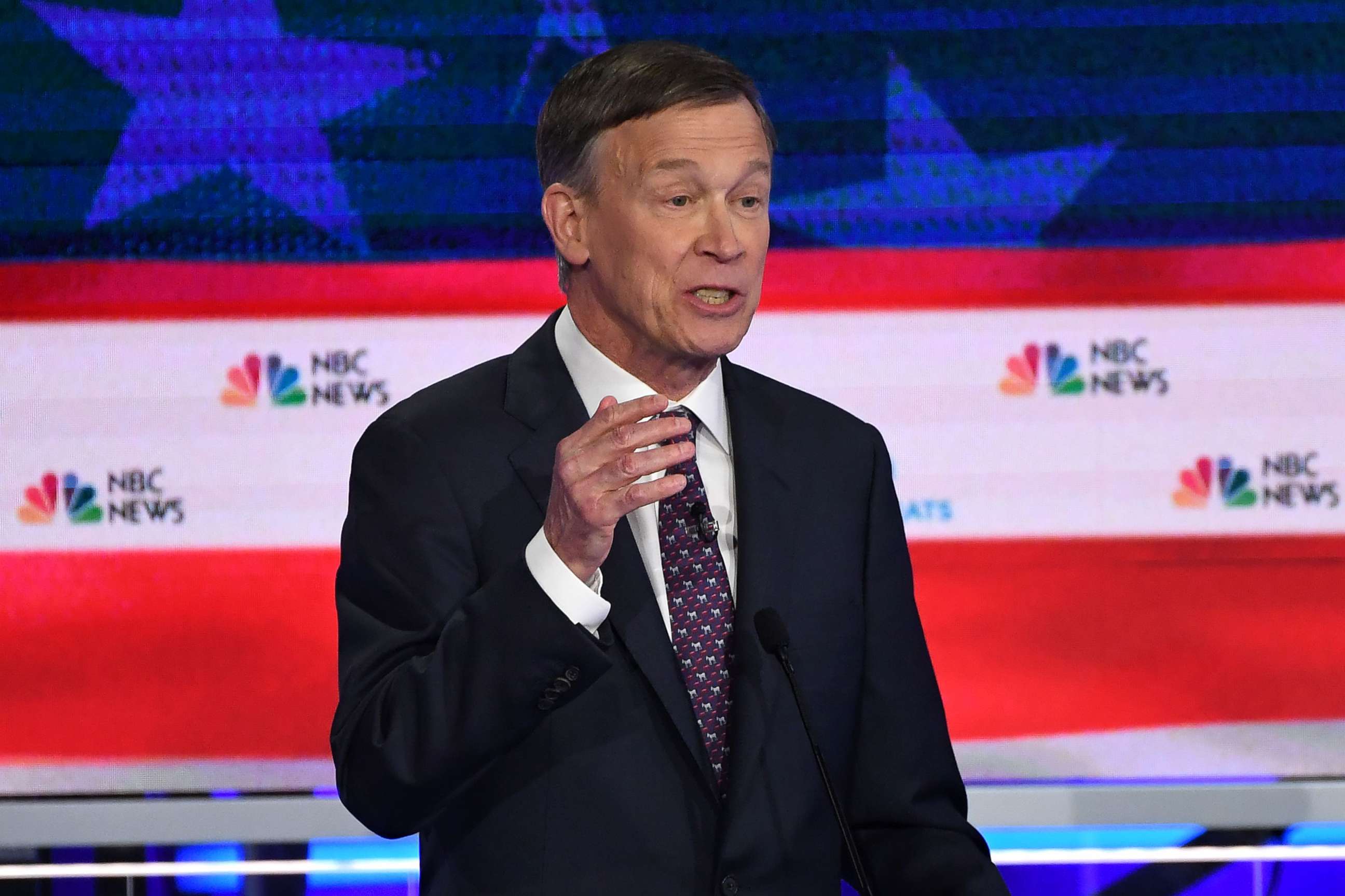 PHOTO: John Hickenlooper participates in the second night of the first 2020 democratic presidential debate at the Adrienne Arsht Center for the Performing Arts in Miami, June 27, 2019.