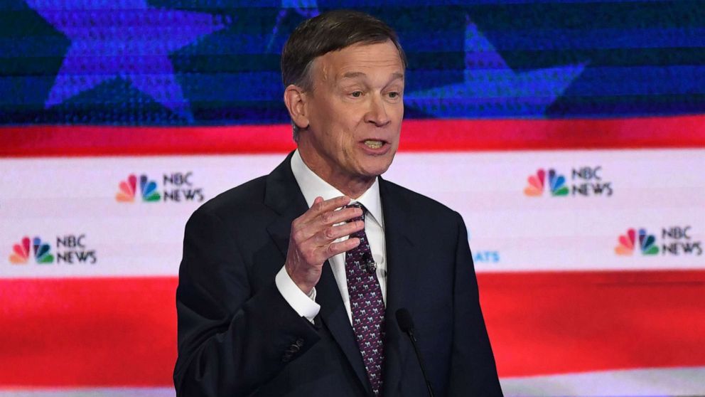PHOTO: John Hickenlooper participates in the second night of the first 2020 democratic presidential debate at the Adrienne Arsht Center for the Performing Arts in Miami, June 27, 2019.
