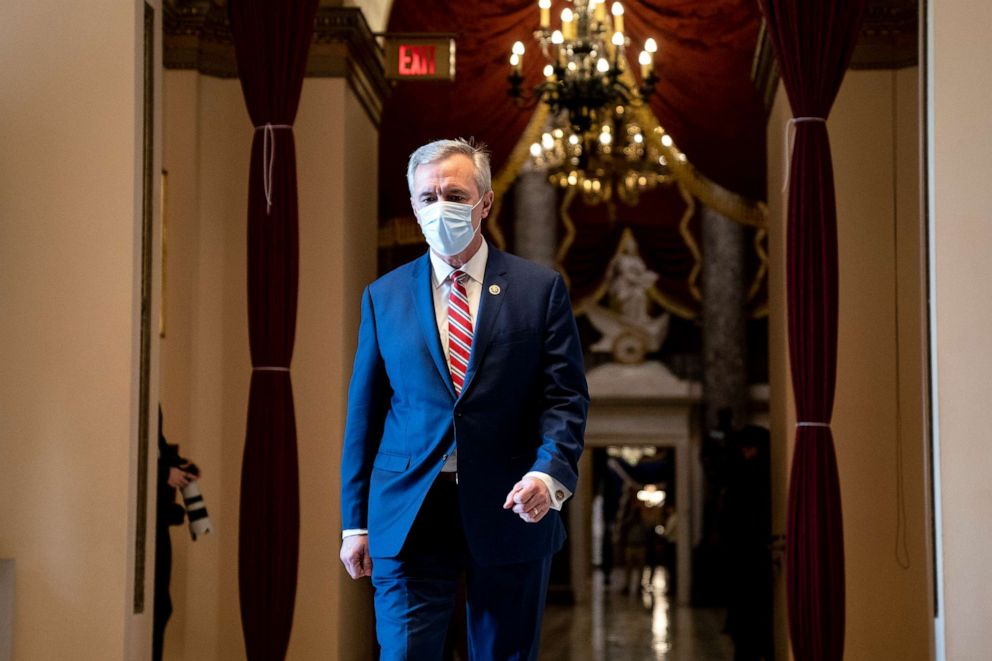 PHOTO: Rep. John Katko, R-N.Y., wears a protective mask while walking to the House Floor at the U.S. Capitol on Jan. 13, 2021, in Washington, D.C.