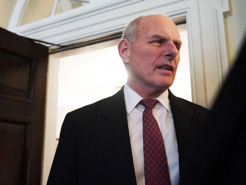 PHOTO: White House Chief of Staff John Kelly chats with reporters before a roundtable discussion on the MS-13 gang in the Cabinet Room of the White House, Feb. 6, 2018.