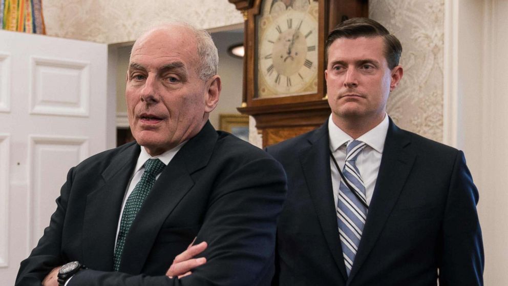 PHOTO: White House chief of staff John Kelly, shown with White House staff secretary Rob Porter look on after President Donald Trump signed a proclamation calling for a national day of prayer for those affected by Hurricane Harvey, Sept. 1, 2017.