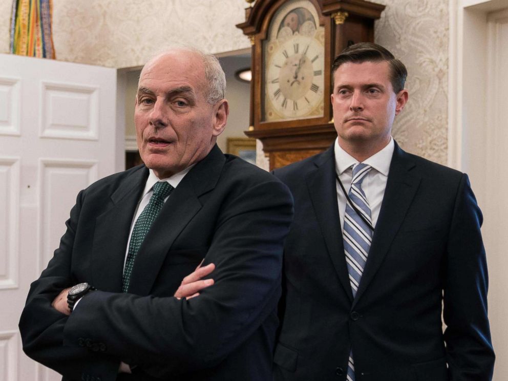 PHOTO: White House chief of staff John Kelly, shown with White House staff secretary Rob Porter look on after President Donald Trump signed a proclamation calling for a national day of prayer for those affected by Hurricane Harvey, Sept. 1, 2017.