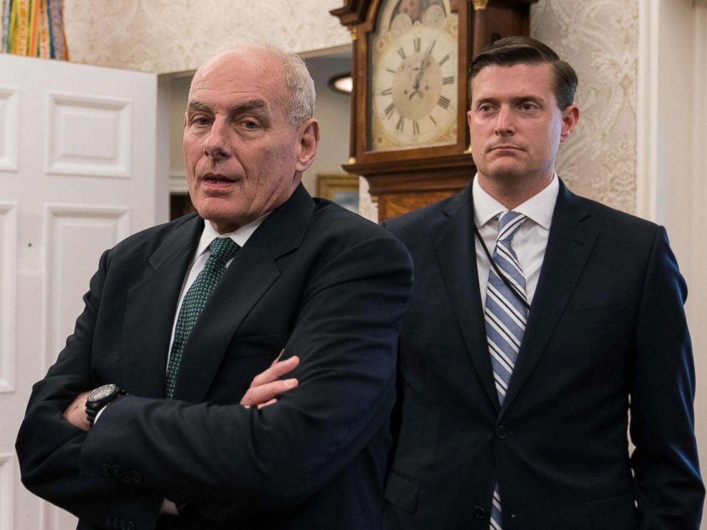 PHOTO: White House chief of staff John Kelly, shown with White House staff secretary Rob Porter look on after President Donald Trump signed a proclamation calling for a national day of prayer for those affected by Hurricane Harvey, Sept. 1, 2017.