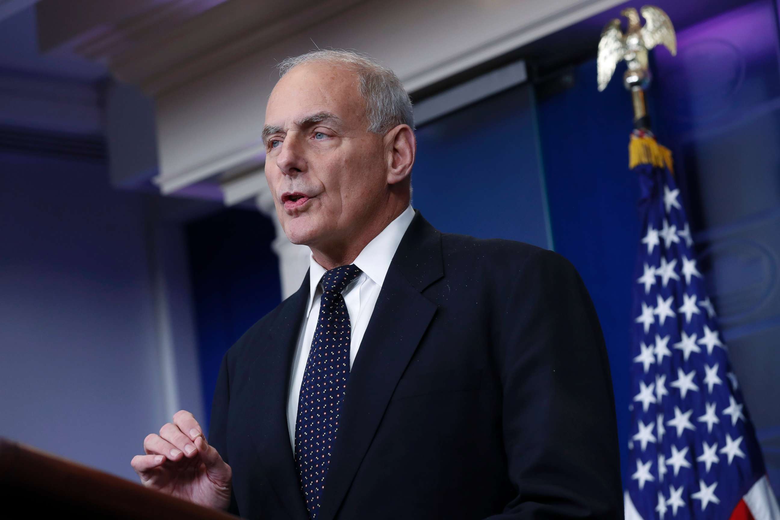 PHOTO: White House Chief of Staff John Kelly responds to a question from the news media during the White House daily briefing in Washington, Oct. 19, 2017.