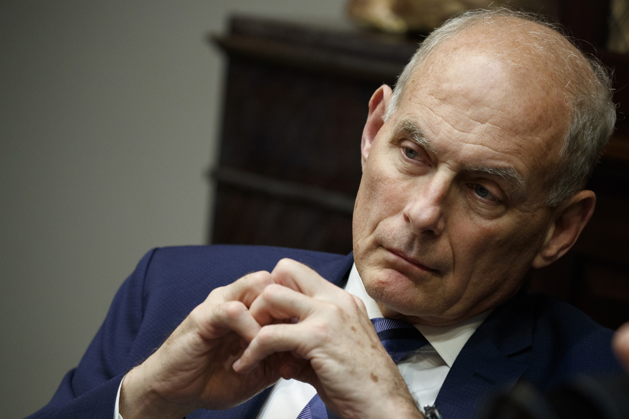 PHOTO: White House chief of staff John Kelly listens as President Donald Trump speaks during a lunch with governors in the Roosevelt Room of the White House in Washington, June 21, 2018.