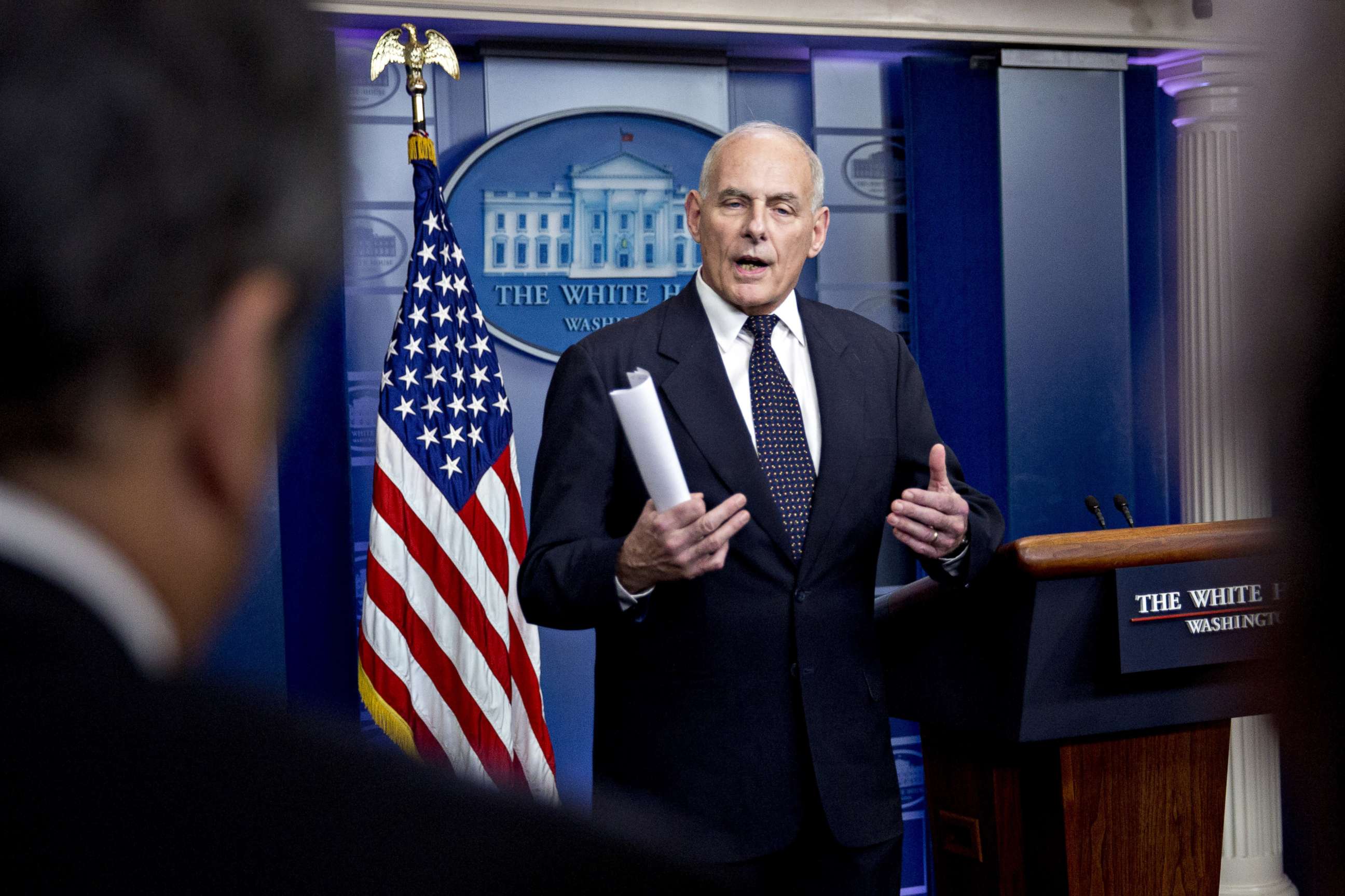 PHOTO: John Kelly, White House chief of staff, speaks during a White House briefing in Washington, Oct. 19, 2017