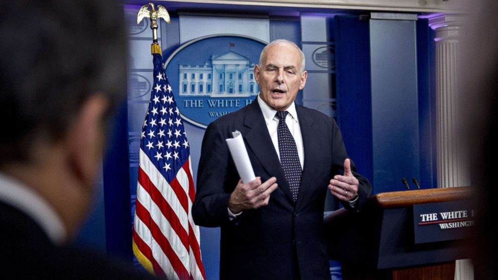 PHOTO: John Kelly, White House chief of staff, speaks during a White House briefing in Washington, Oct. 19, 2017