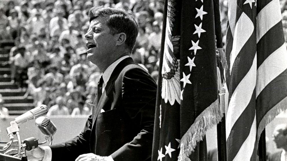 PHOTO: President John F. Kennedy addresses a crowd at Rice Stadium in Houston on Sept. 12, 1962. 