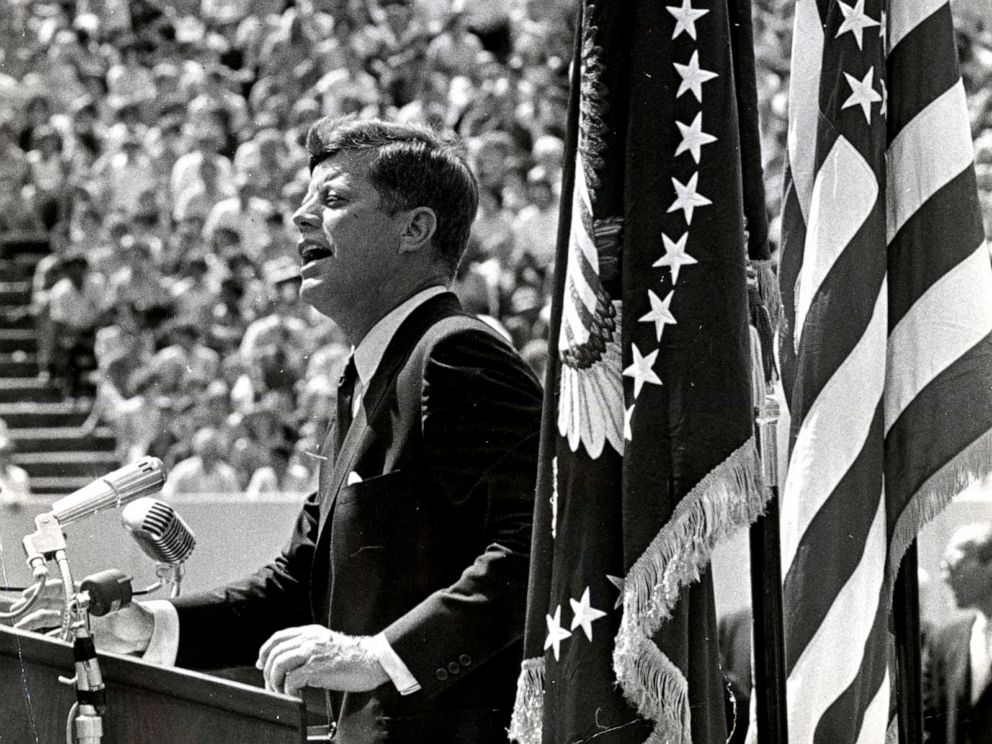 PHOTO: President John F. Kennedy addresses a crowd at Rice Stadium in Houston on Sept. 12, 1962.