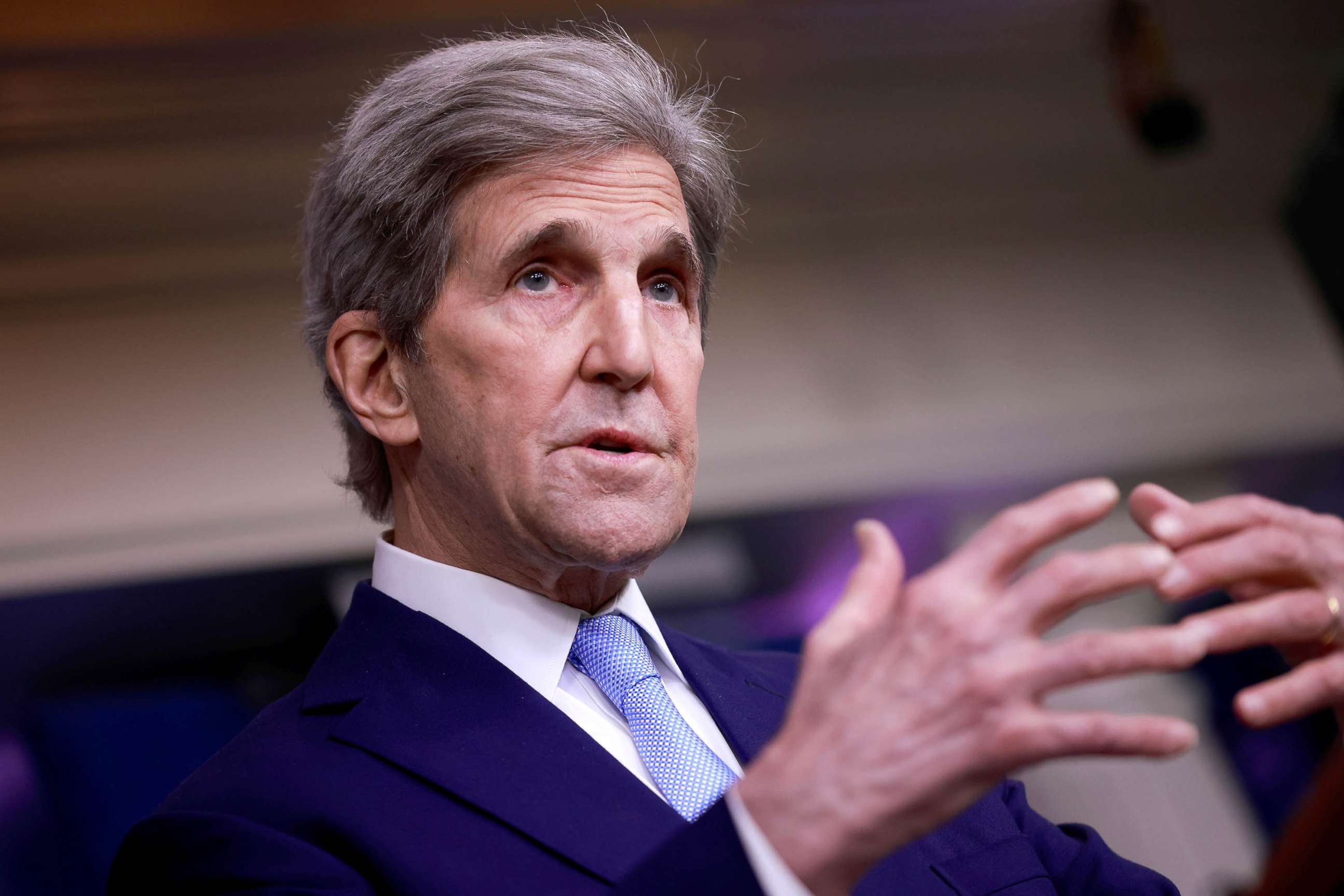 PHOTO: John Kerry, Special Presidential Envoy for Climate, delivers remarks during a press briefing at the White House in Washington, April 22, 2021