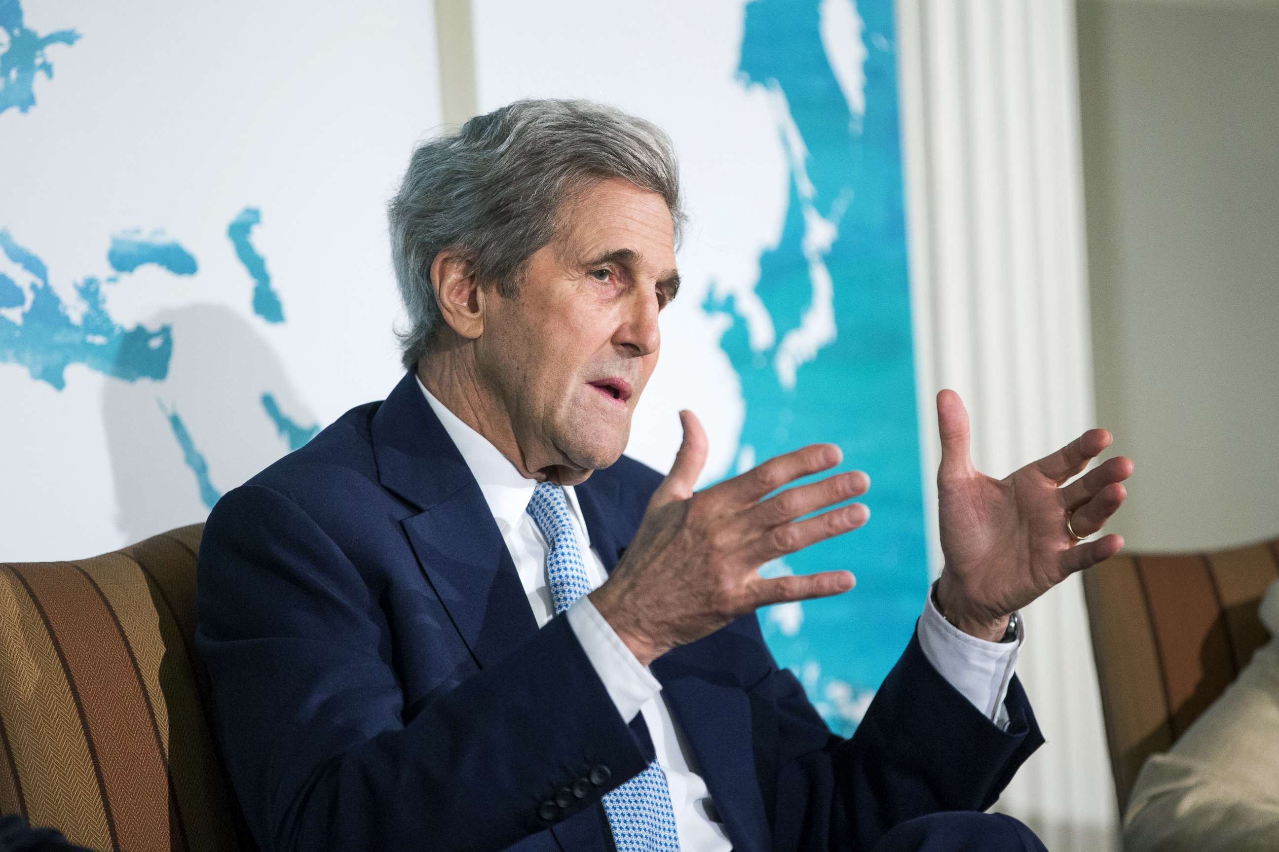 PHOTO: John Kerry, former U.S. Secretary of State, speaks during the International Mayors Climate Summit in Boston, June 7, 2018.