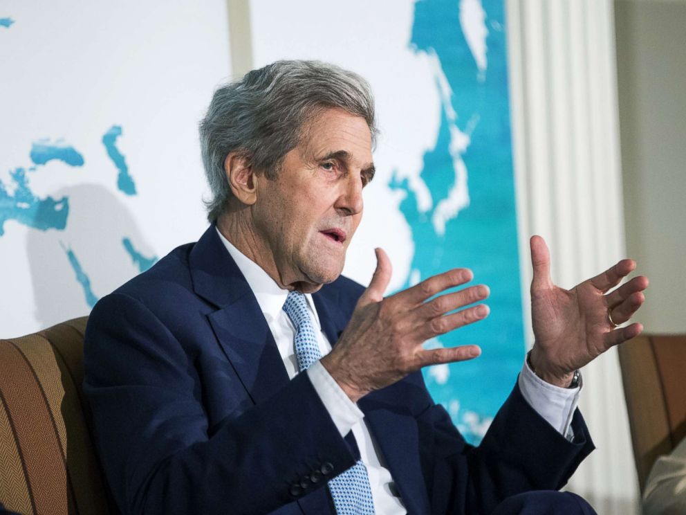 PHOTO: John Kerry, former U.S. Secretary of State, speaks during the International Mayors Climate Summit in Boston, June 7, 2018.
