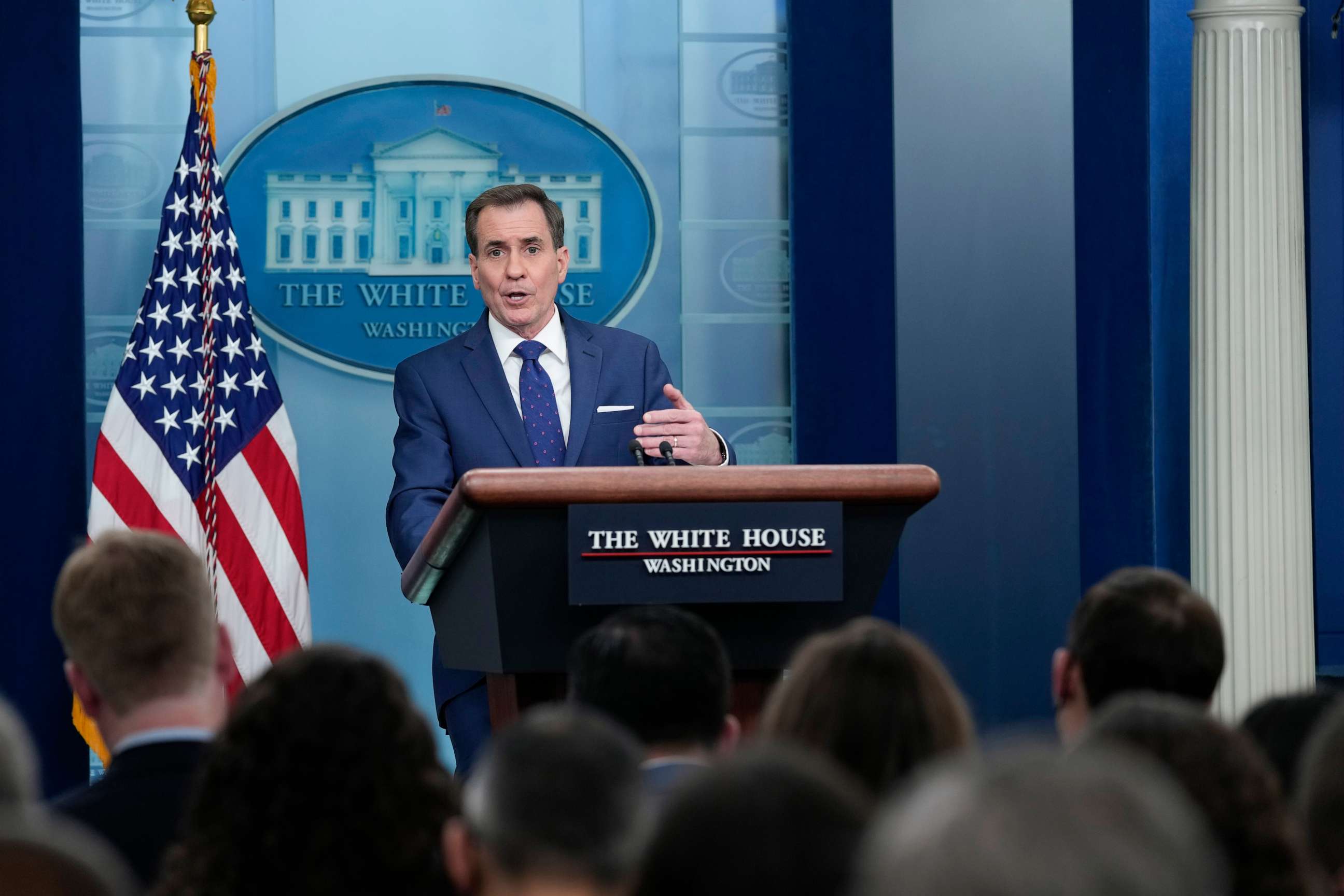 PHOTO: National Security Council spokesman John Kirby speaks during the daily briefing at the White House in Washington, Mar. 20, 2023.