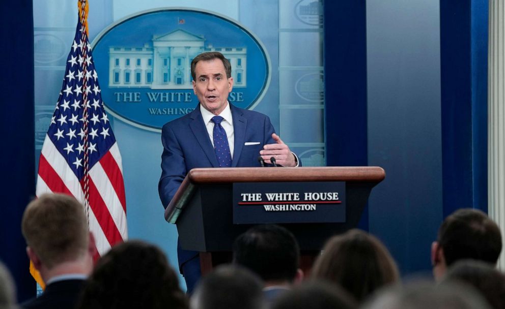 PHOTO: National Security Council spokesman John Kirby speaks during the daily briefing at the White House in Washington, Mar. 20, 2023.