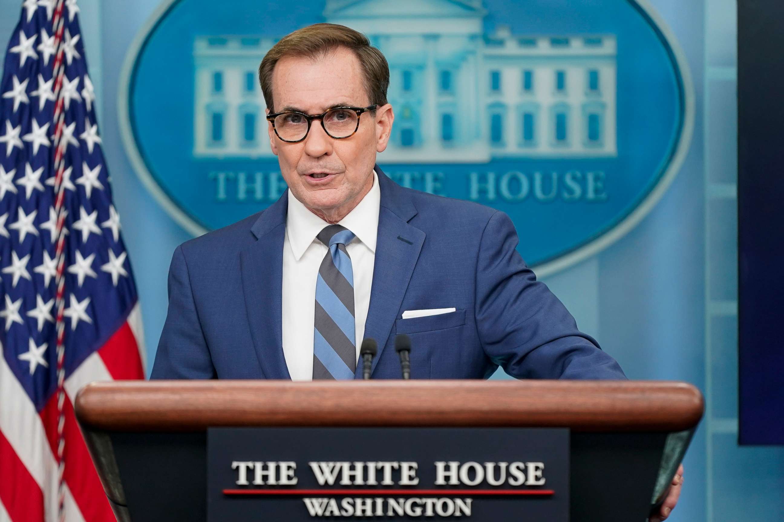 PHOTO: National Security Council spokesman John Kirby speaks during a press briefing at the White House, on Nov. 28, 2022, in Washington, D.C.