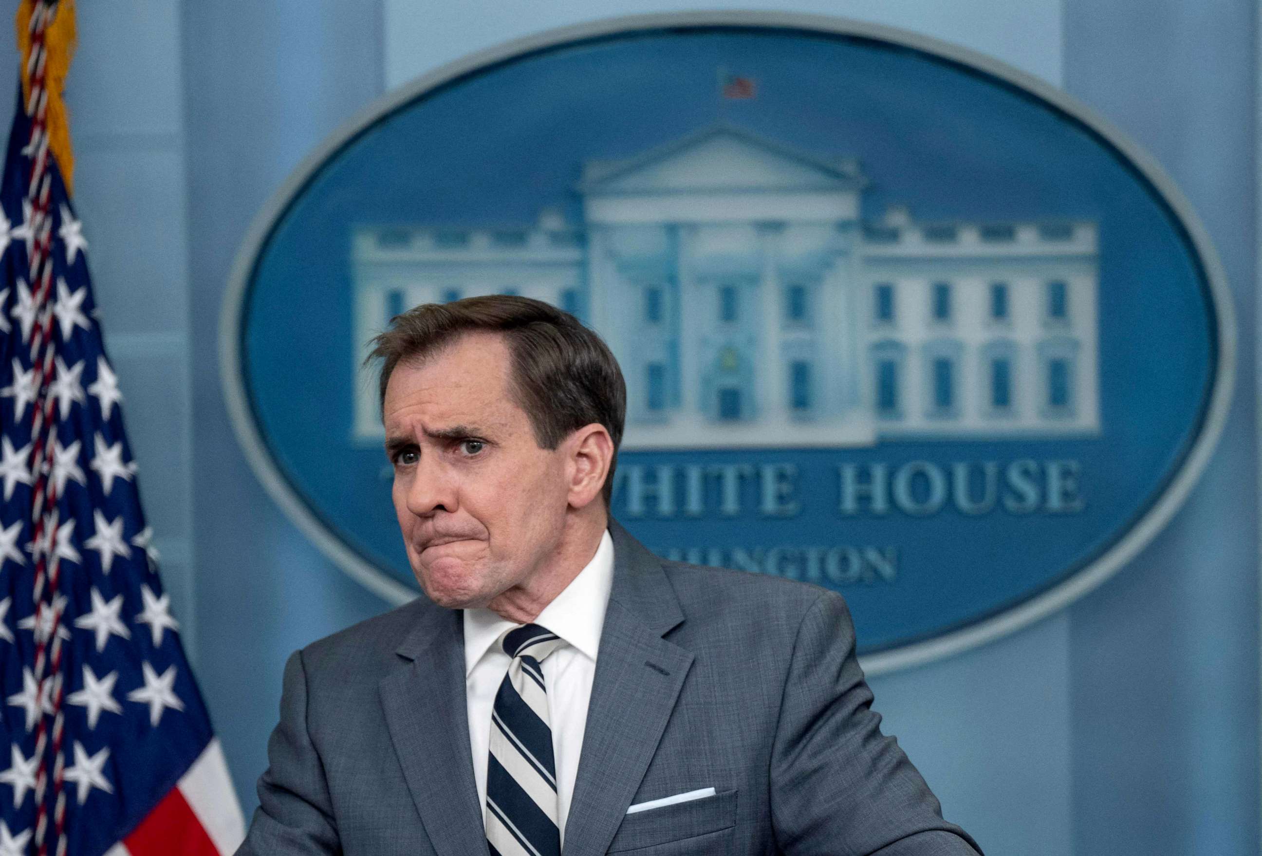 PHOTO: National Security Council Coordinator for Strategic Communications John Kirby speaks during the daily press briefing in the James S Brady Press Briefing Room of the White House in Washington, DC, on March 2, 2023.